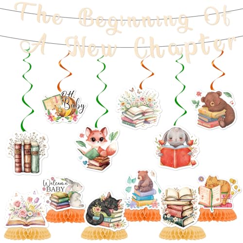 Image of a New Chapter Begins Baby Shower Decorations, 14PCS Storybook Book Themed Banners with Hanging Swirls Party Decorations, A New Chapter Begins Bridal Shower Honeycomb Centerpiece Decor