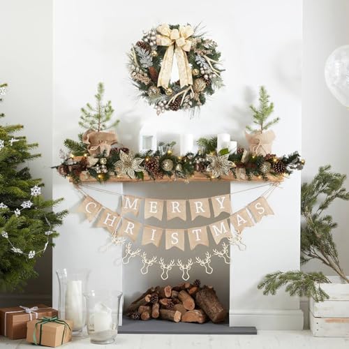 GarveeHome Christmas Garland with Lights for Mantle, 6FT Pre-Lit Xmas Garland with Brown Ball Ornaments Pine Cones and Ribbon Bows for Fireplace Front Door Window Indoor Outdoor Christmas Decoration