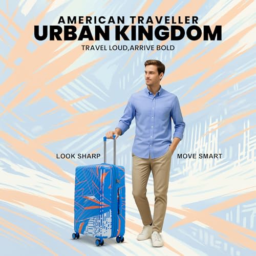 Image of AMERICAN TRAVELLER Urban Kingdom Trolley Bag | Durable Polycarbonate Hard Shell | TSA-Type Lock | 360 Disc Spinner Wheels | Expandable Suitcase for Travel (24, Blue)
