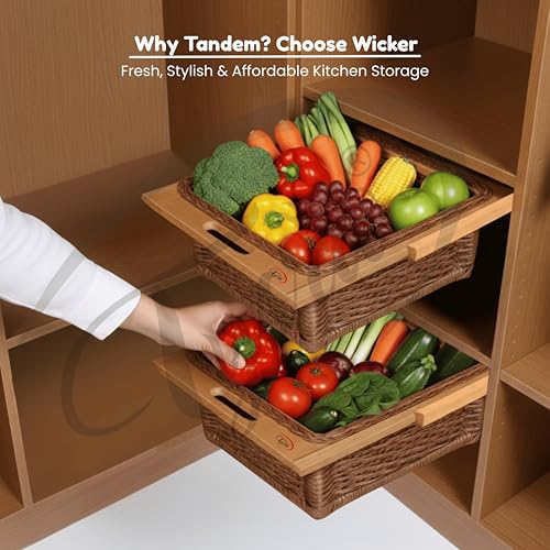 Image of Wicker Baskets For Modular Kitchen | Wood-Pvc Pull Out Basket With Handle|Large Square Shape Storage Baskets for Onion, Potato & Fruits (22.25W(564mm)X20Lx6H Inches (Dark Brown(Double Partition)