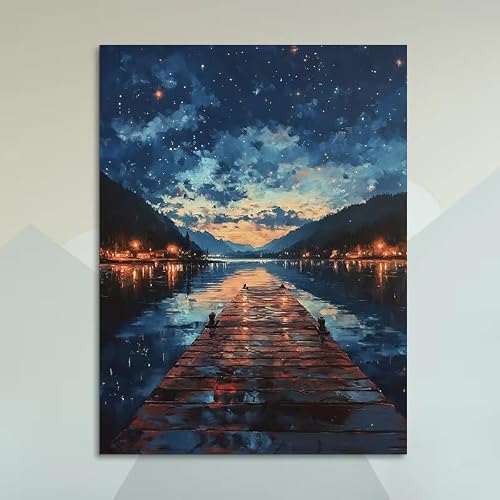 awtrhfc 1pc Frameless Starry Night Canvas Art Print Serene Lakeside Landscape with Wooden Pier & Ducks, Vibrant Painting Wall(80x120cm(31x47in)/No frame)