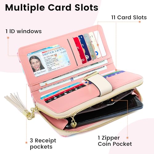 Image of Pomelo Best Womens Wallet RFID Blocking Wallet for Women Bifold Large Capacity Card Holder Ladies Long Purse with ID Window Zipper Coin Pocket Red Lotus