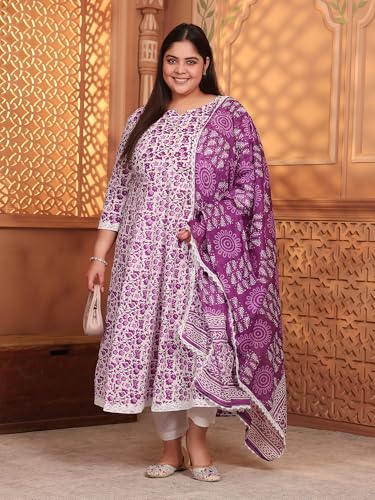 Image of MEERA FAB Women's Pure Cotton Printed Anarkali Kurta with Palazzos & Dupatta
