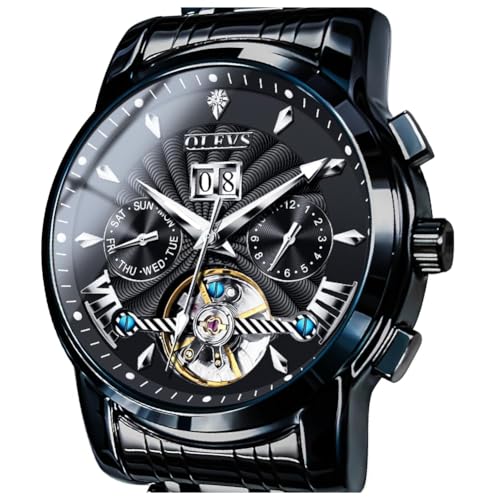 Image of OLEVS Men Automatic Watch Self Winding Skeleton Mechanical Tourbillon Classic Luxury Multi Calendar Stainless Steel Waterproof Wrist Watch for Men
