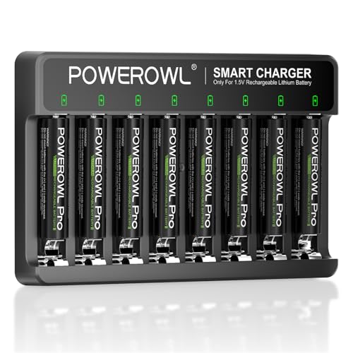 POWEROWL 1.5V Rechargeable AAA Batteries Lithium with Charger 1300mWh Triple a Batteries 8 Pack with Type-C Fast Charging Independent 8-Slot Charger