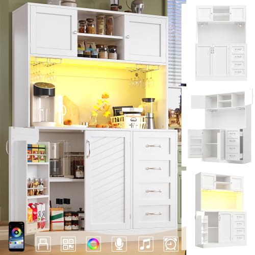 vutizal Szafka bufetowa z oświetleniem LED – 4 drzwi, 2 szuflady, regał na przekąski i szafka kuchenna z płyty MDF, 120 x 40 x 188 cm, biała konstrukcja z blatem roboczym