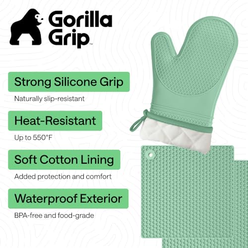 Image of GORILLA GRIP BPA-Free Soft Silicone Oven Mitts and Pot Holders Sets of 4, Heat Resistant Waterproof Cooking Gloves, Thick Cotton Lining, Flexible Gripping for Baking Grilling, Kitchen Trivets, Mint