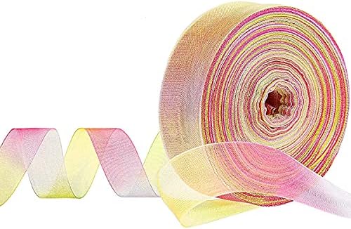 YANGWEN 10MM 50 Yard Gradient Colorful Chiffon Shimmer Ribbon, Sheer Satin Organza Rainbow Ribbons for Gift wrap Decoration DIY Crafts Christmas Wedding Party Birthday Festival Decor Supplies