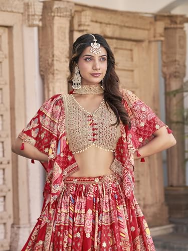 Image of Women's Digital Print With Zari Dori Embroidery Work Chinnon Silk Lehenga Choli With Dupatta (Women-Lehenga-Choli-New; Free size)