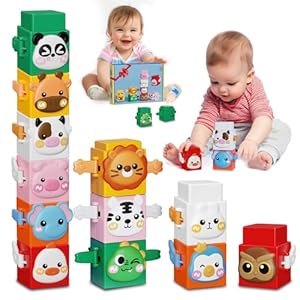 12 PCS Stacking Toys Set for Toddlers 1 2 3 4 Years Old Boys Girls Preschool Sensory Block Toys Pressable Animals Stacking Blocks with Cute Expressions Fun Christmas Birthday Gifts for Kids Ages 1+