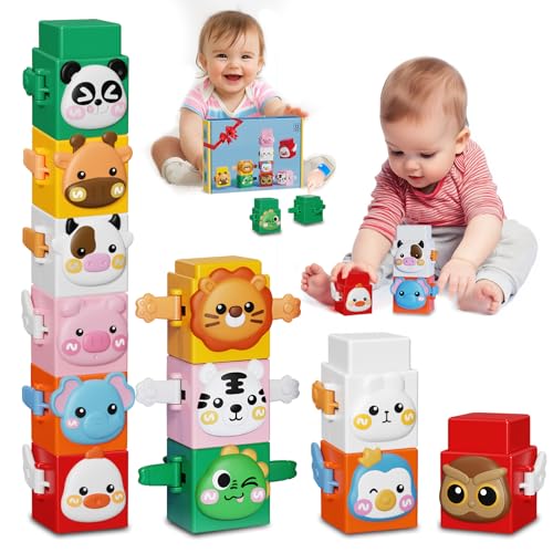 12 PCS Stacking Toys Set for Toddlers 1 2 3 4 Years Old Boys Girls Preschool Sensory Block Toys Pressable Animals Stacking Blocks with Cute Expressions Fun Christmas Birthday Gifts for Kids Ages 1+