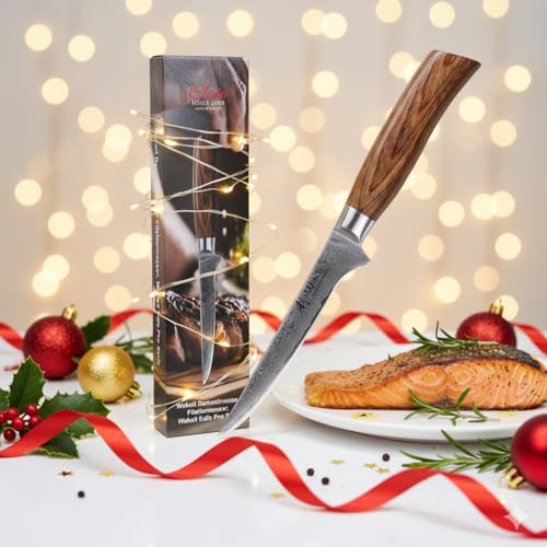 Wakoli EDIB Pro Ausbeinmesser aus echtem Damaststahl (VG10 Kern) mit 14 cm Klinge – Scharf und ergonomisch – Damastmesser mit Pakkaholzgriff in Geschenkbox – Damast Filetiermesser für Fisch & Fleisch