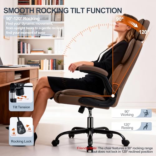 Image of Office Chair with Adjustable Headrest - Executive Leather Desk Chair for Home Office, with Flip-Up Arms & Ergonomic Lumbar Support, Perfect for Work and Study, Brown