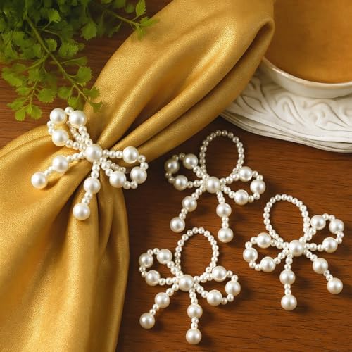 Gandeer 12 Pcs Pearl Bow Napkin Rings Imitation Bow Pearl Ring Napkin Holder Delicate Beaded Serviette Buckles for Christmas Wedding Party Dinner Table Decor and Daily Use(Elegant)