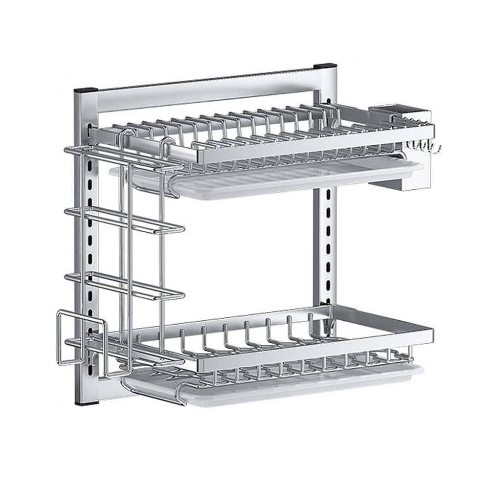 Escurridor de platos colgante montado en la pared, 2/3 niveles, ajustable, ahorra espacio, con escurridor, ganchos y soporte para cubiertos, fácil instalación sin taladrar (tamaño: 2 capas)