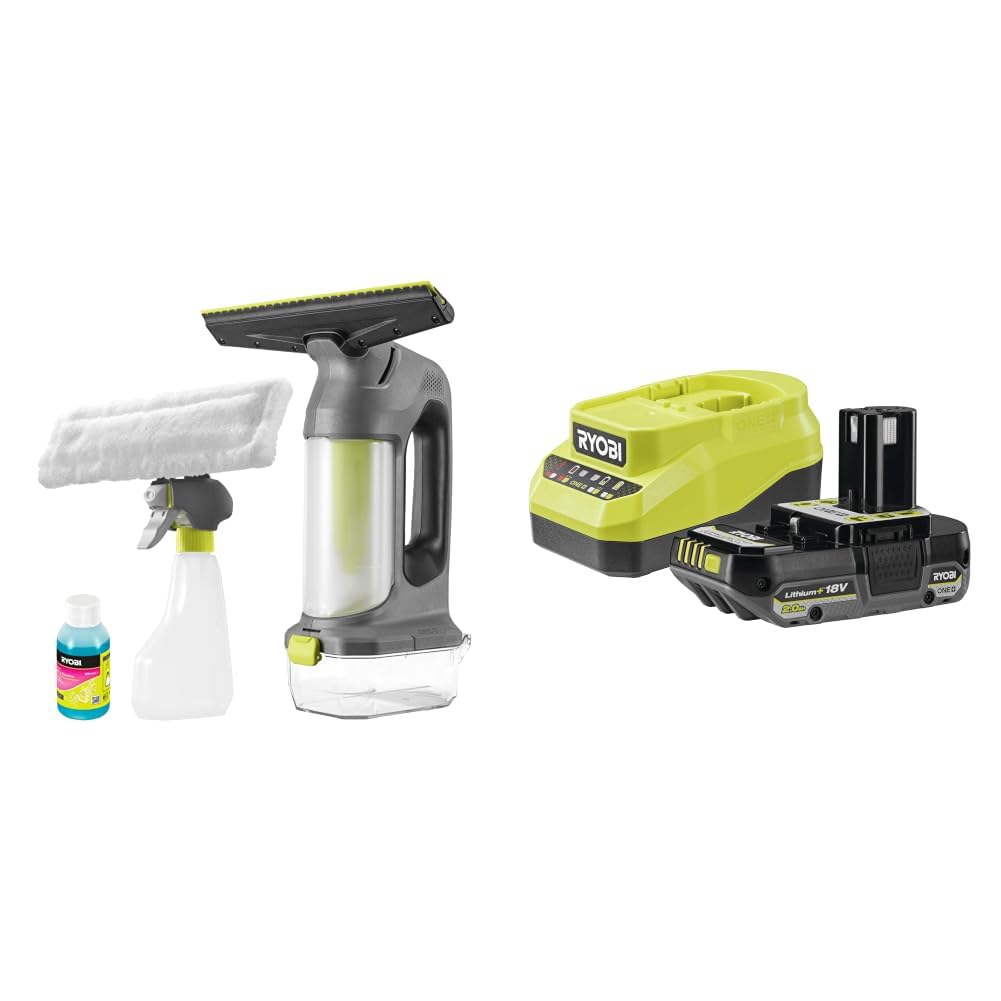 Bundle aus RYOBI 18 V ONE+ Akku-Fenstersauger RWV18-0 + Akku-Starterset RC18120A-120CG, inkl. 1x 2,0 Ah Akku und 2,0 A Ladegerät