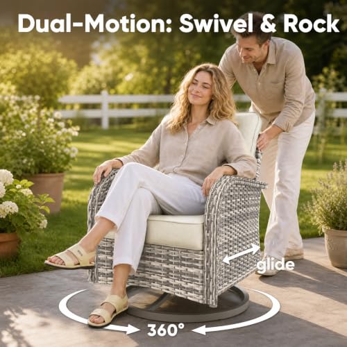 Image of 11-Piece Small Patio Furniture Set, Outdoor Swivel Rocking Chairs Set with Ottomans, Patio Bistro Set for Balcony, Deck, Porch,Ivory