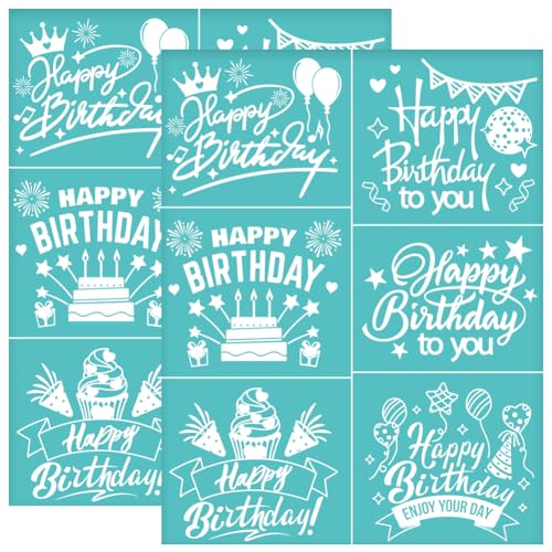 OLYCRAFT 2 Stück 22x28cm 'Happy Birthday' Selbstklebende Siebdruckschablone Geburtstagsthema Siebdruckschablone Kuchenwörter Wiederverwendbare Netzschablonen Transfer Für DIY T-Shirt Stoffmalerei