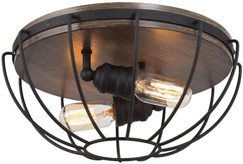 Miniatura 1 de Lámpara de techo de 2 luces empotrada estilo granja, pantalla de jaula negra con toldo marrón madera, diseño rústico para sala de estar, cocina y