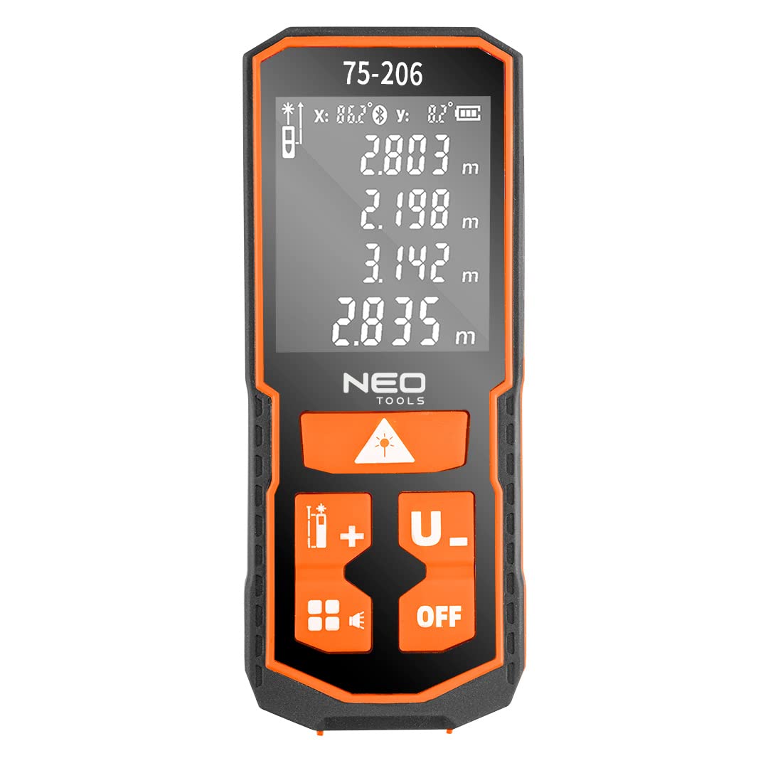 NEO TOOLS Télémètre laser IP54 - Longueur du faisceau laser : 635 nm - Alimentation : 2 piles AA NI-MH ou 2 piles alcalines AA - Mémoire pour les 30 dernières mesures - 2 m/in/ft