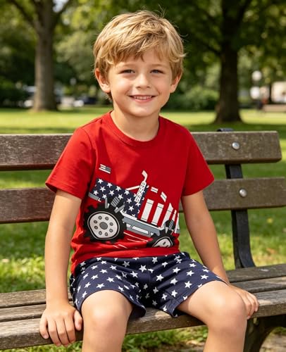 Image of KIDLAGA Kids Toddler Boy Clothes Outfits Bear Print Tee + Plaid Shorts 2 Pieces Summer Shorts Set