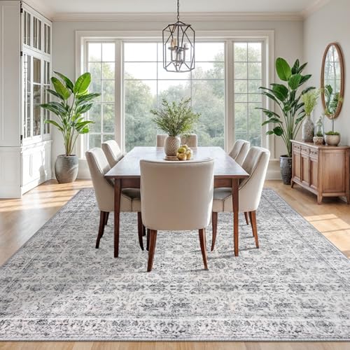 Vintage 9x12 Area Rugs for Living Room Grey Blue White, Machine Washable Large Area Rug Non-Slip, Ultra Soft Floral Tribal Traditional Farmhouse Carpet for Dining Room Bedroom Home Décor