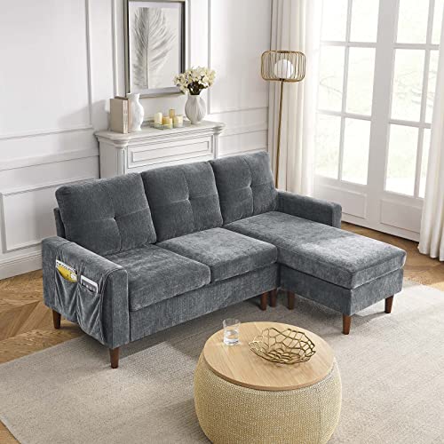 TMEOSK 80” Convertible Sectional Sofa Couch, 3 Seats L-Shape Sofa with Removable Ottoman Cushions and Storage Pocket for Living Room, Apartment, Small Space (Drak Grey)