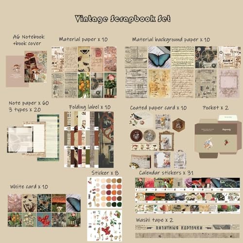 Image of Vintage Aesthetic Scrapbook Kit(346Pcs) Scrapbooking Supplies Kit with Bullet Junk Journal,Stationery,A6 Grid Notebook Journaling Gift for Girl (Post Office Brown Scrapbook)