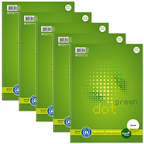 Staufen 608573000 - Staufen Green Collegeblock, DIN A4, Lineatur DOTTED, 80 Blatt, 4-fach Lochung, premiumweißes 70g/m² Recyclingpapier, 5 Stück Cover