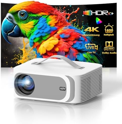Lisowod L61Pro 4K Smart-Beamer, Dolby Audio, 1600 ANSI, HDR10+, WiFi 6 | 1600 ANSI HDR10 Projektor Auto Fokus Auto Trapezkorrektur Bluetooth 5.4 WiFi6 für Heimkino,Garten‑Partys,Ga