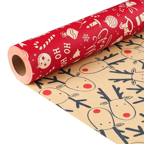 Christmas Wrapping Paper Roll Xmas Gift Wrap Paper with Double-sided 43cm*10m Kraft Traditional Santa Present Decorations Accessories for Party Holiday New Year Vintage Gifts Ornament for His/Her