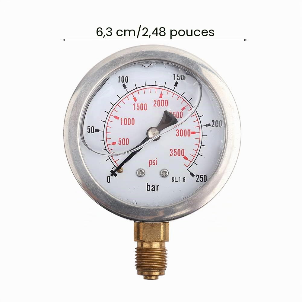 Manomètre Hydraulique, 0-250 Bar 0-3750 PSI, Jauge De Pression Hydraulique, G1/4, Rempli De Liquide, Pour L'eau, Le Pétrole, Le Gaz