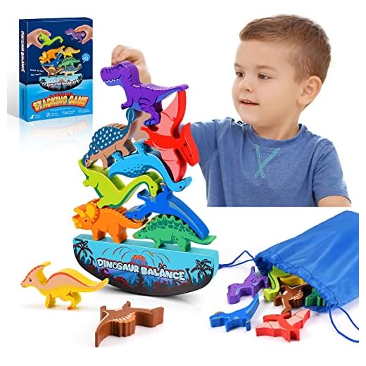 IPOURUP Dinosaur Toys for Kids 3-5: Wooden Stacking Montessori Toys for 3-7 Year Old Balance Competition Game for Family Ideal Easter and Birthday Gifts for Kids (Classic Version)