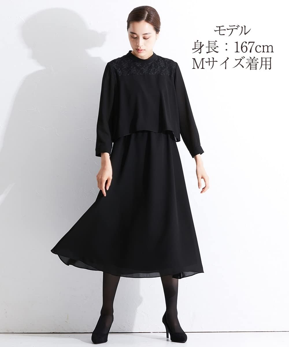 [ニッセン] ブラックフォーマル 【礼服・喪服】 洗える防しわ加工ヨークレース切替ドッキングスタンカラーワンピース（オールシーズン対応） 大きいサイズ有 黒 L