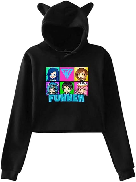 Cue-Its-funneh-Merch Cat Ear Hoodie Sweater Hooded Pullover Girls Women Leak Navel Sweatshirt Black