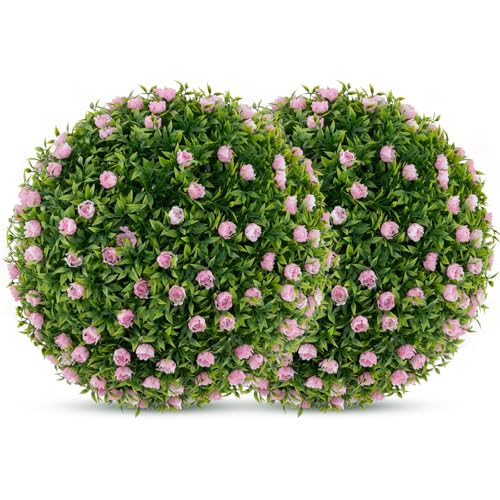 GIANTEX Lot de 2 Boules Décoratives Artificielles de 37 cm avec Fleurs de Roses, Cadre en Polypropylène Sûr et Fiable, Sphère Décoratives de Jardin avec...