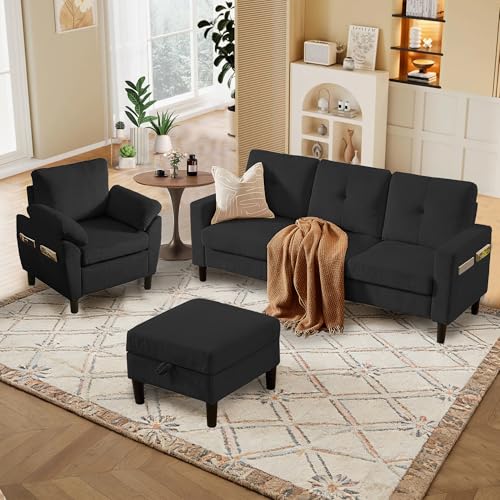 Image of 3 Pieces Sofa Set for Living Room with Sofa, Storage Ottoman and Single Chair