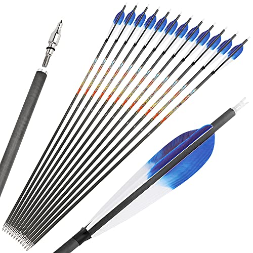 wolfman 30 Inch Archery Pure Carbon Arrows Spine 250-600 Hunting Arrow Compound Arrow Recurve Arrow with 5" Nature Feather Target Arrow for Recurve Bow Compound Bow (SP250, Blue) - Image 3
