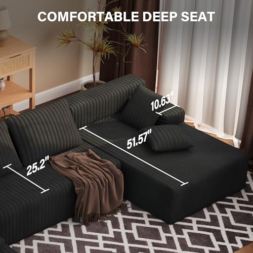 Image of LAUSAINT HOME 132 inch Modular Sectional Sofa Couches, U-Shaped Boneless Cloud Sofa with 4 Deep Seat, 6 Cushiones Oversized Chaise for Living Room, Bedroom, Plush Corduroy Fabric (U Shaped Sofa, Black)