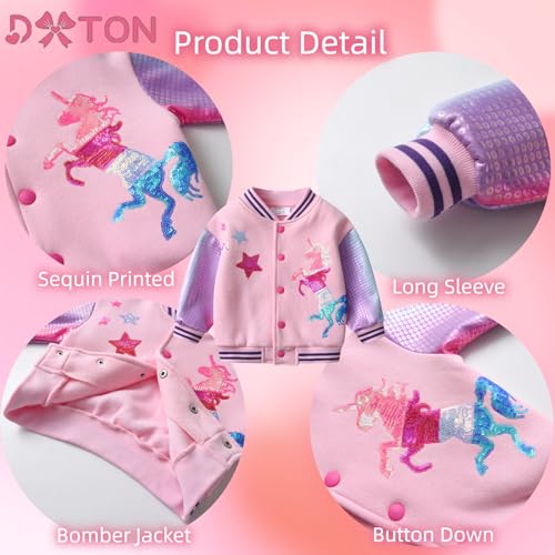 DXTON Girls Baseball Bomber Jacket Zip/Button Sweatshirt Fall Winter Outwear Coat for Kids Toddler 3-12 Years3
