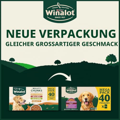 WINALOT Meaty Chunks Adult Nassfutter für Hunde, gemischt in Soße, Rind, Huhn, Lamm, 40x100g Beutel – Ansicht 6