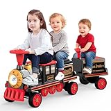 ANPABO Ride On Train Set Trackless, Include 1 Locomotive and 1 Carriage, 12V Kids Car with Height-Adjustable Seat, Extra Storage, Headlight, Train Whistle & Music, Electric Car for Kids 3+, Red