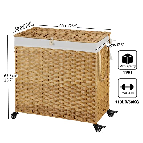Greenstell Laundry Hamper With Wheels&Lid, 125L Large 3 Sections Clothes Hamper With 2 Types Removable Liner Bags, 5 Mesh Laundry Bags, Handwoven Divided Laundry Basket For Clothes, Natural #TOP5