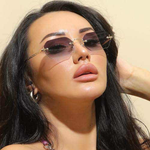 Rimless Rectangle Sunglasses Men Women Metal Small Gold Polygon Blue Shades UV400 Frameless Sun Glasses3