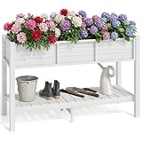 YITAHOME 48x18x30in Raised Garden Bed HDPE, Weather-Resistant Poly Lumber Planter Box with Legs & Storage Shelf, Elevated Garden Bed for Yard, Garden, Balcony - White