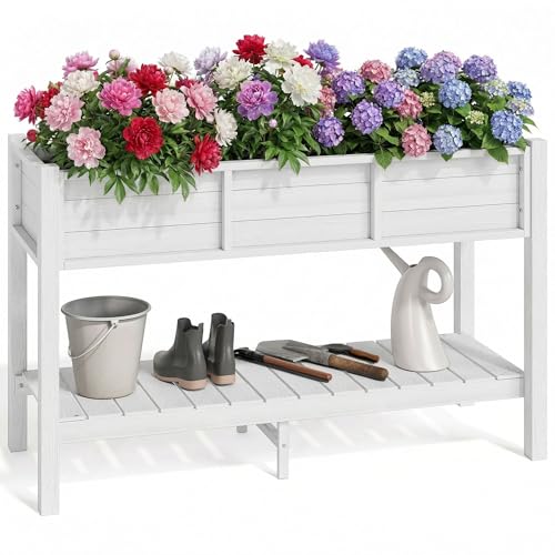 YITAHOME 48x18x30in Raised Garden Bed HDPE, Weather-Resistant Poly Lumber Planter Box with Legs & Storage Shelf, Elevated Garden Bed for Yard, Garden, Balcony - White White 48x18x30in