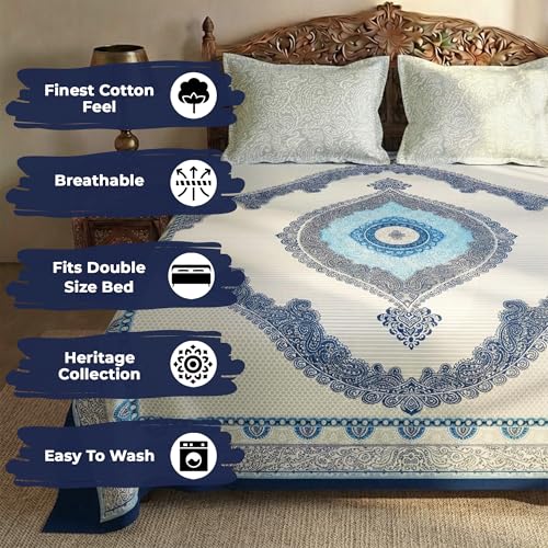 Image of Story@Home Rajasthani Heritage Jaipuri Sanganeri Handblock Print Double Bedsheet 250x225 cm & Pillow Covers | Cotton Feel 240 TC Soft Fabric | Blue White Ethnic Motif | Breathable & Wrinkle Resistant