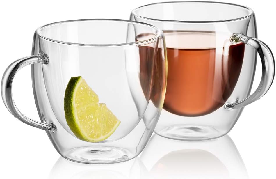 Tea Cups - Double Walled Insulated Glass Set of 2, 8 oz, Glass Coffee Cup,Dishwasher. Microwave, freezer with NO RISK.