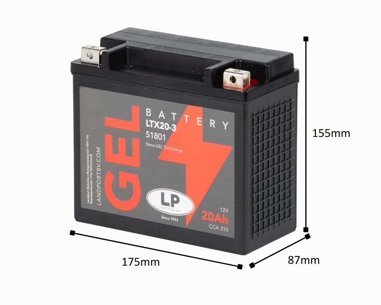 LANDPORT Batterie Typ LTX20-3 Gel 12V 20Ah, kompatibel mit Yamaha XVZ, XVS | Vergleichstypen YTX20L-BS, CTX20L-BS, GTX20-BS; kompatibel mit Triumph Trophy, Tiger, Kymco MXU, HD XL, VRSCF, FXSTS, FLSTN