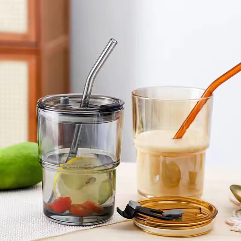 Image of ANKUL Beer Can Glass Tumbler with Straw and Lid Leather Band- 400ml- Pack of 2 - Mojito Sipper Mug with Lid for Kids Milk Cup with Straw (Lather Brown Tumbler, 2)